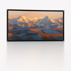 A landscape photo of sunrise-lit snow-capped mountains is shown on The Projection Room Portable Foldable Projector Screen, made of wrinkle-resistant polyester, set against a plain white background.