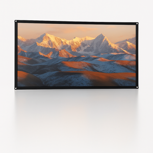 A landscape photo of sunrise-lit snow-capped mountains is shown on The Projection Room Portable Foldable Projector Screen, made of wrinkle-resistant polyester, set against a plain white background.