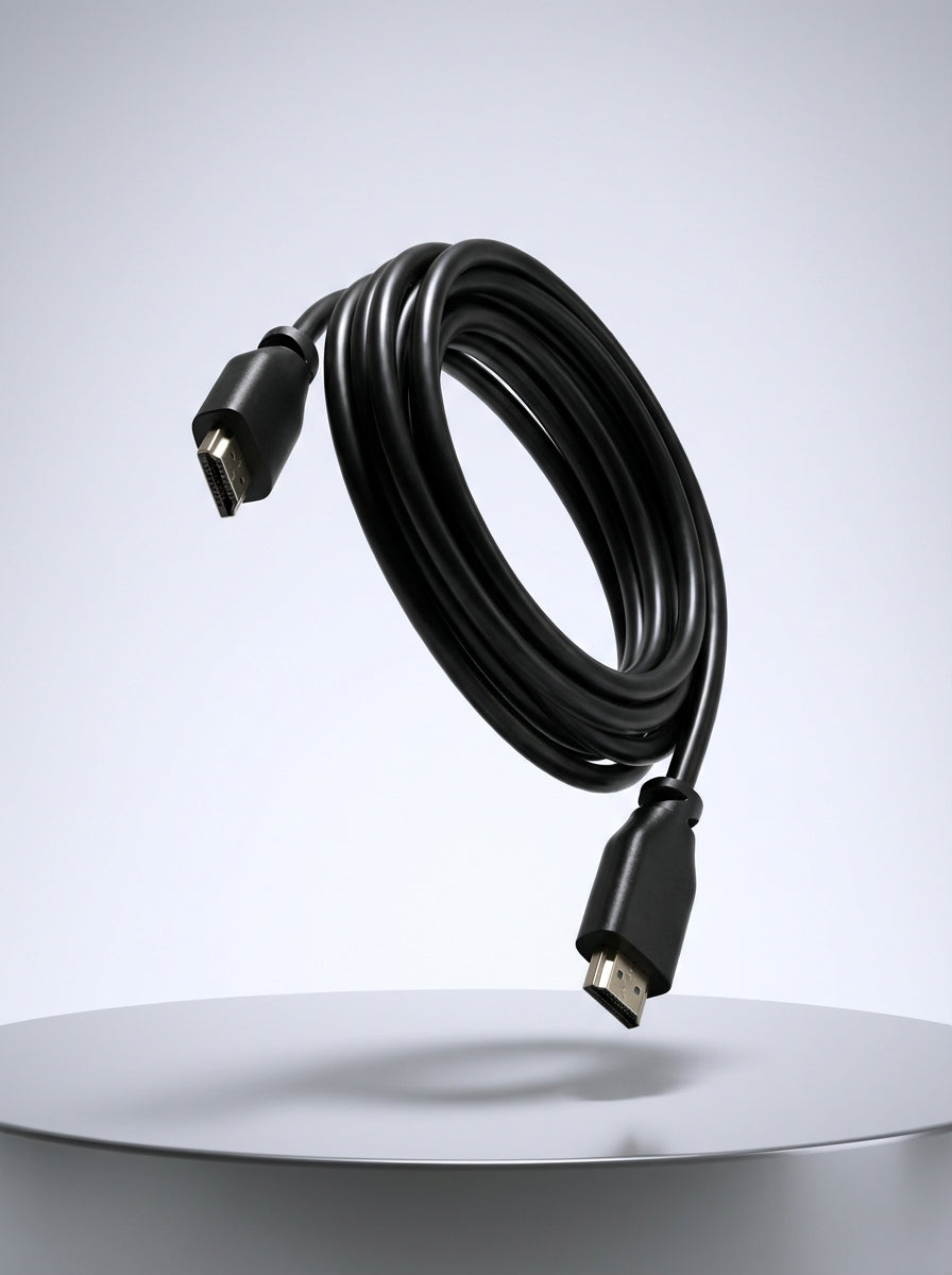 HDMI cable floating in white studio background  from a circular platfrom