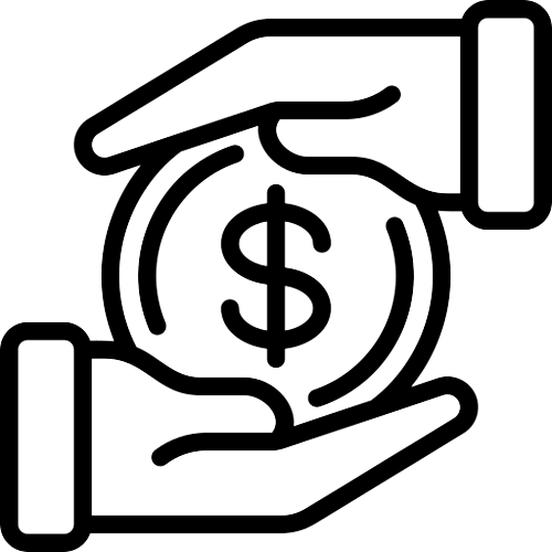 Black and white line drawing of two hands surrounding a coin with a dollar sign, symbolizing financial protection, savings, or secure investment.