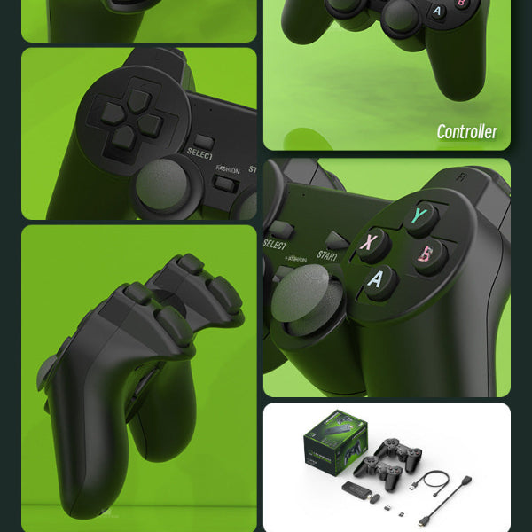 An HD collage of The Projection Rooms Spotlight Projector + Game Stick showcases the front buttons, side shoulders, and triggers. The bottom right displays the packaging, USB cable, and accessories against a green background.