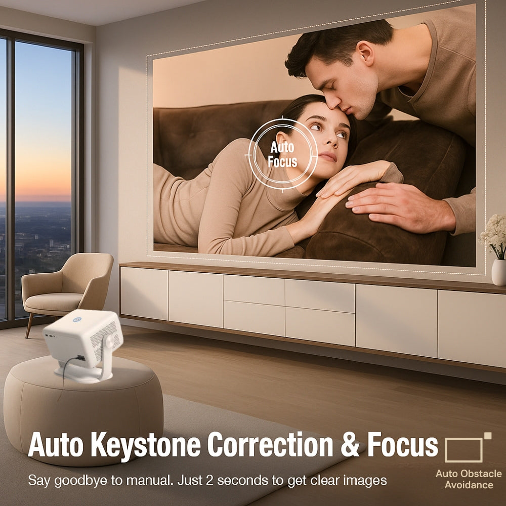 The Projection Room’s Cloud Projector Full HD With ChatGPT & Official Netflix displays couples in vibrant clarity on a large screen, featuring quick auto keystone correction and focus, plus 4K Support for hassle-free, crisp viewing in any room.