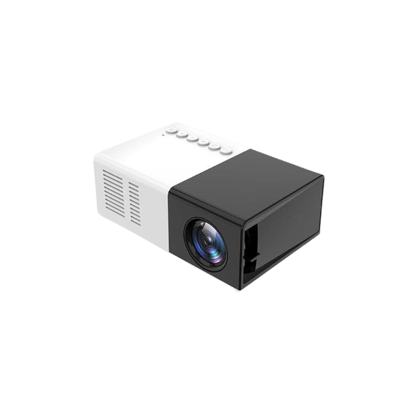 The Mini Portable Projector by The Projection Room boasts a sleek, modern design with a compact black and white finish. It features a front-facing lens, top control buttons, and side ventilation slots for optimal performance—perfect for stylish convenience and functionality.